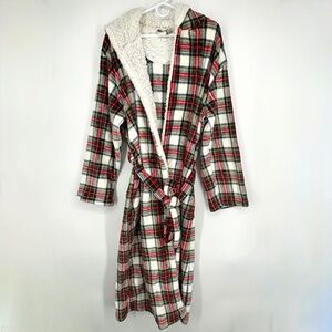 Martha Stewart Collection Adult Large XL  Bath Robe Red White Multi Plaid Fleece